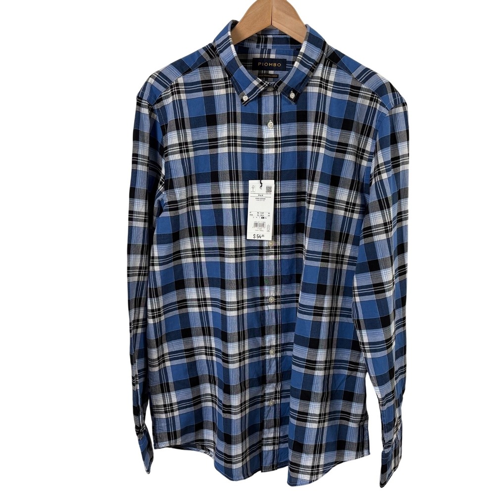 NWT Piombo Italian Luxury‎ Men's Cotton Plaid Long-Sleeve Shirt Sz XL Blue Black